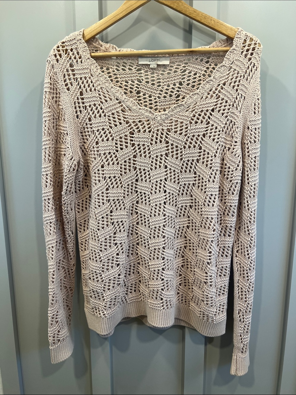 LOFT Open-Knit V-Neck Sweater in Soft Beige Blush